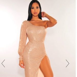 Champagne one shoulder sequin dress